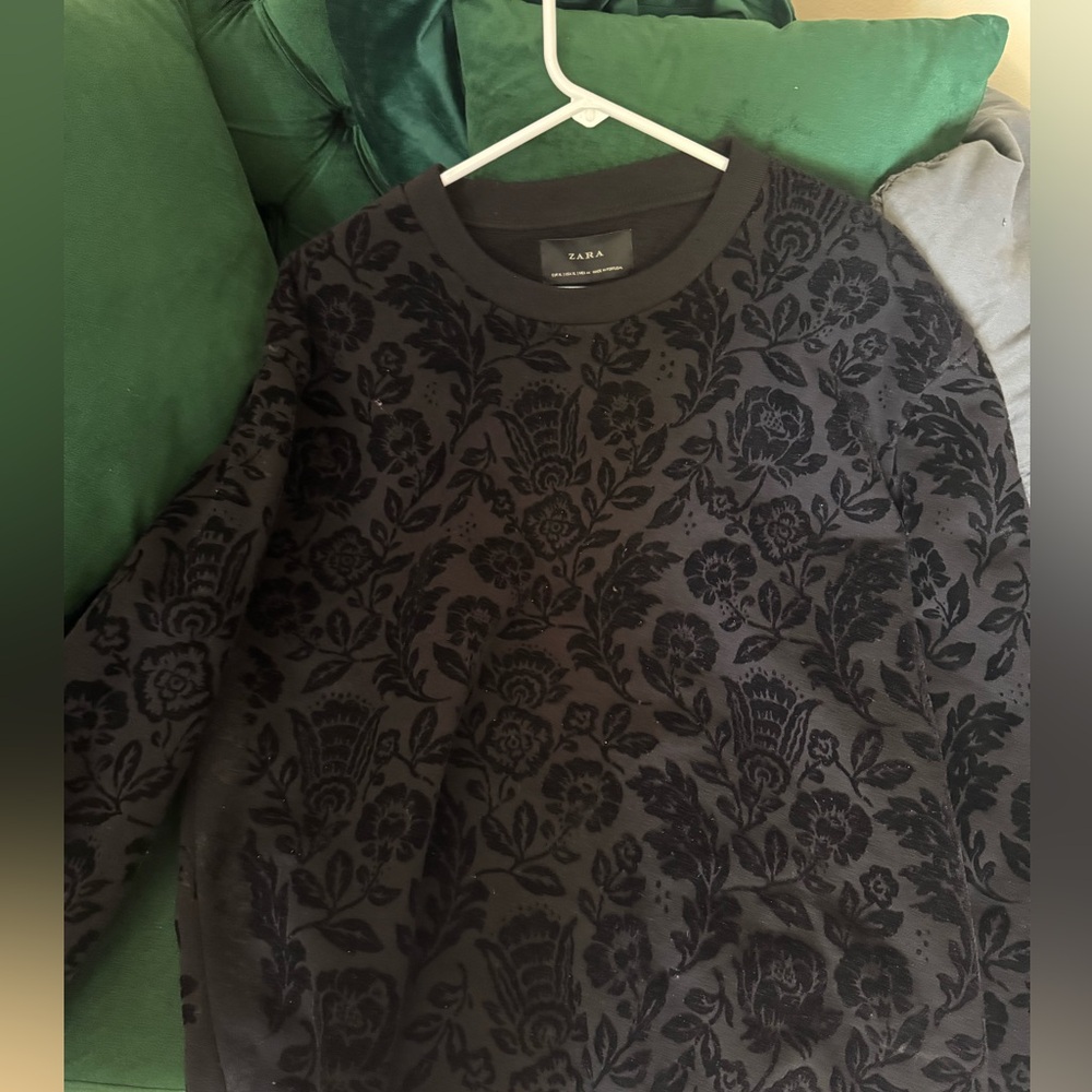 Zara velvet black on black floral crew neck. Mens XL $25, like new